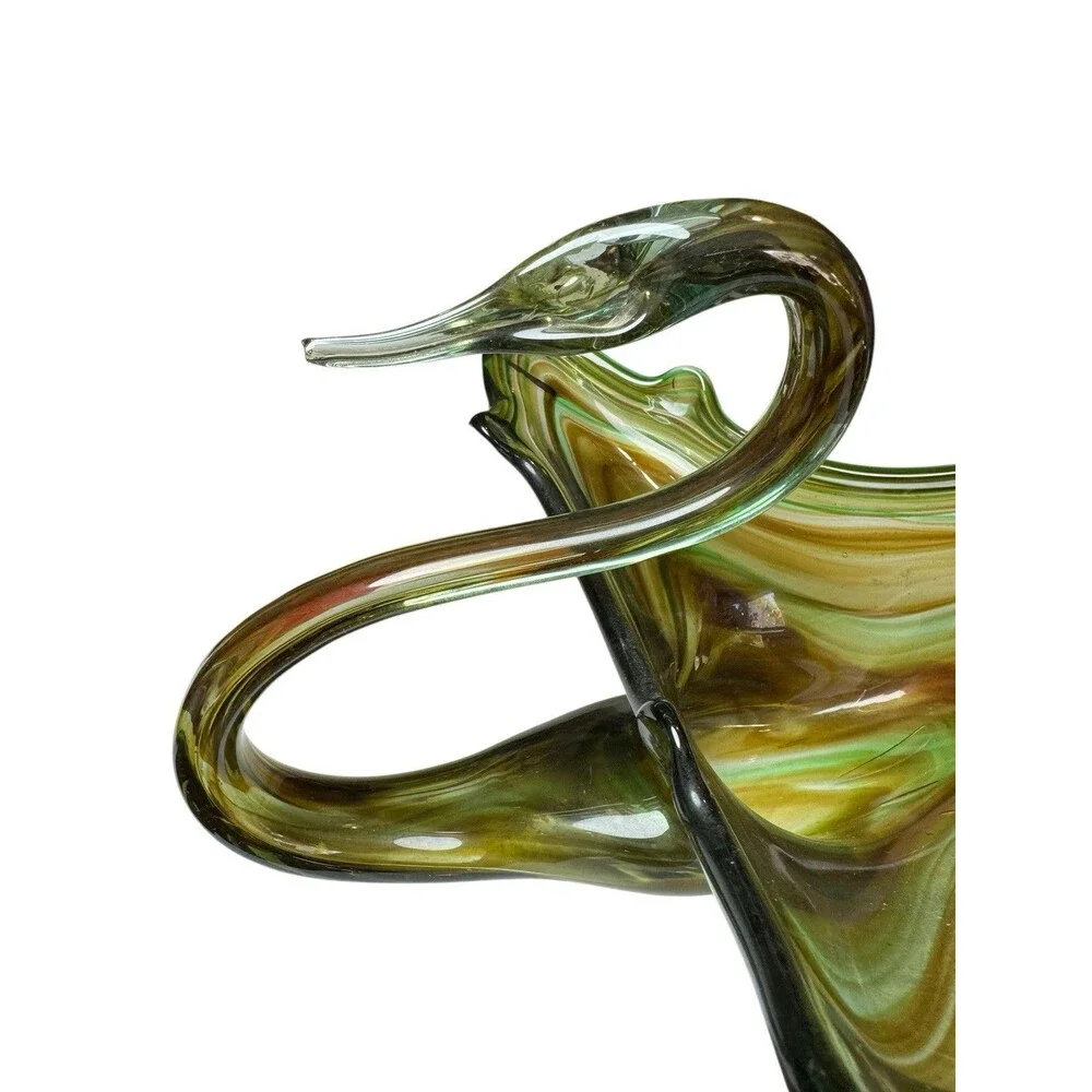 Vintage MCM Hand Blown Sooner Glass Swan Centerpiece Brown Green Swirl